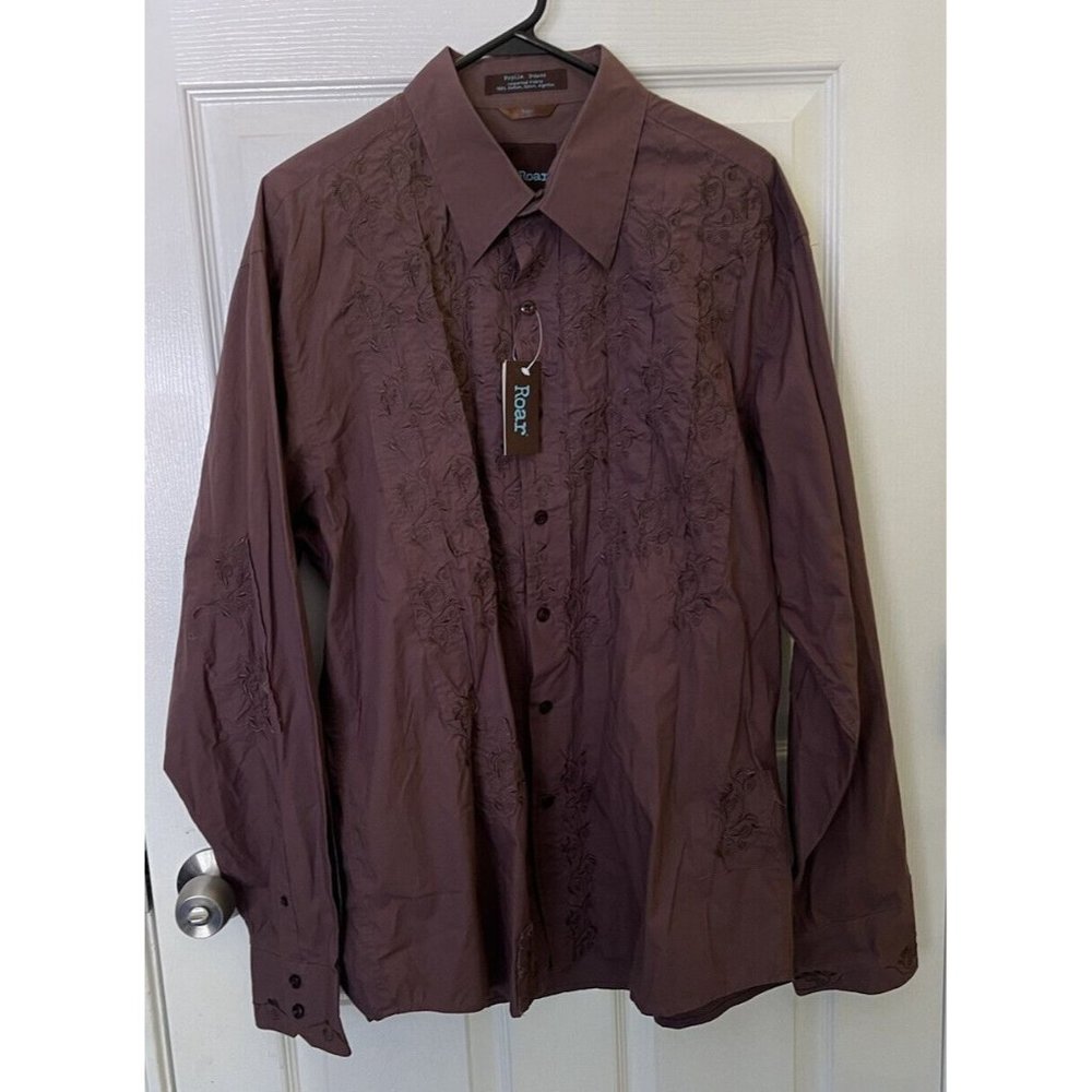 NWT Roar Poplin Douce Tobias Brown Men’s 2XL Button Shirt Floral Embroidered